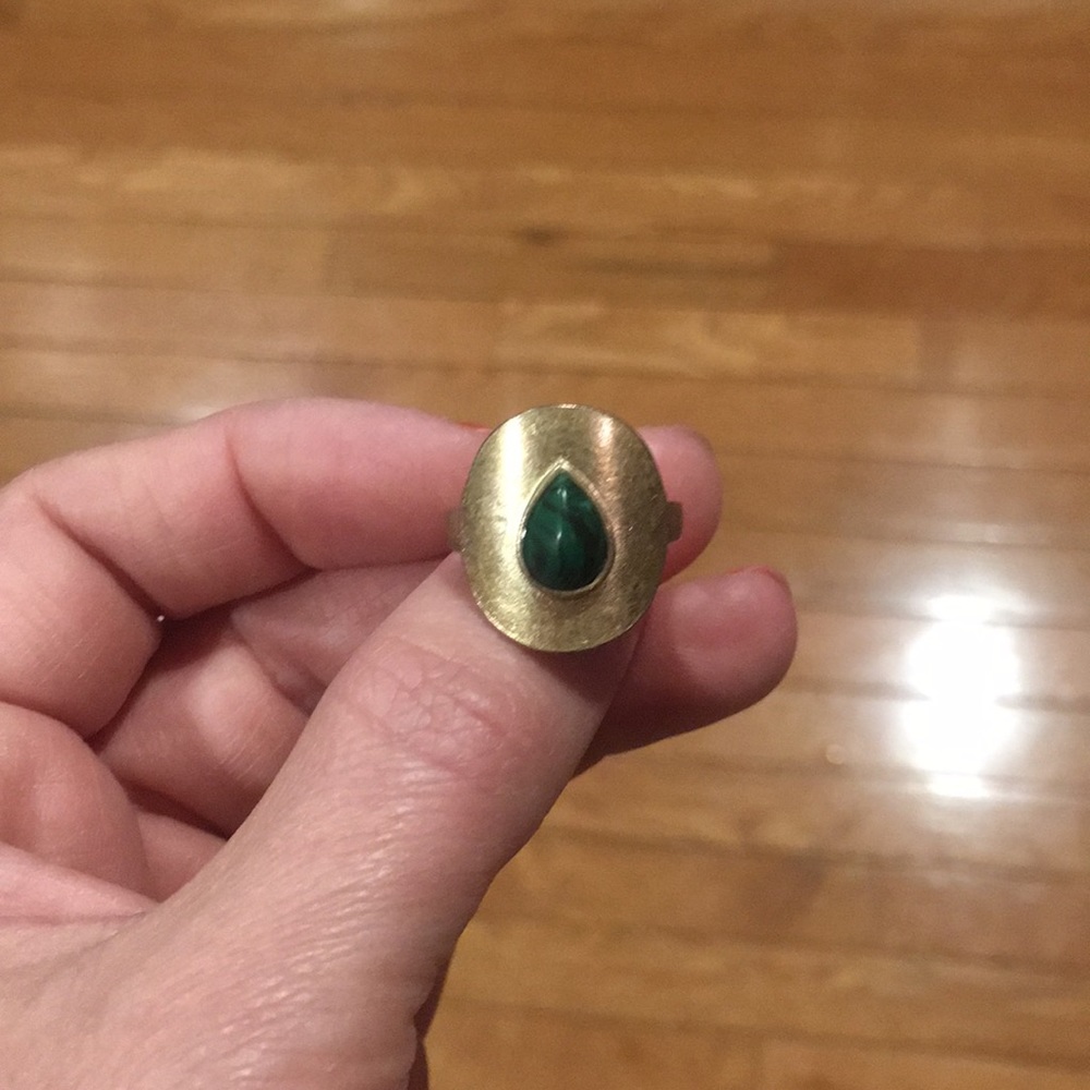 Antiqued gold ring with green stone